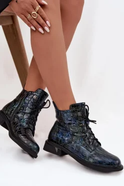 D&A Lakierowane Botki Damskie Z Naturalnej Skóry LZ52-962 Granatowe