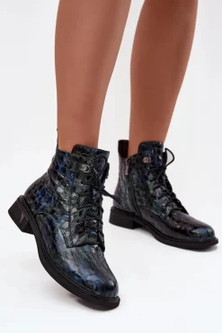 D&A Lakierowane Botki Damskie Z Naturalnej Skóry LZ52-962 Granatowe