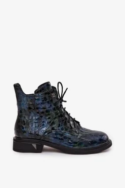 D&A Lakierowane Botki Damskie Z Naturalnej Skóry LZ52-962 Granatowe
