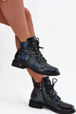 D&A Lakierowane Botki Damskie Z Naturalnej Skóry LZ52-962 Granatowe