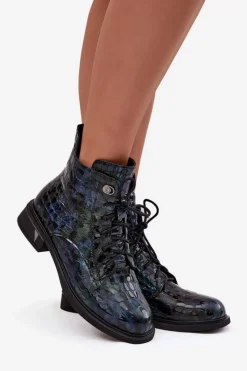 D&A Lakierowane Botki Damskie Z Naturalnej Skóry LZ52-962 Granatowe