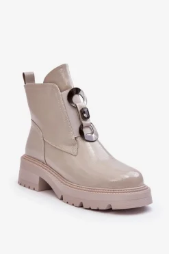 Hot Damskie buty S.Barski Lakierowane Botki Damskie Z Ozdobą Jasnoszare S.Barski MR870-53