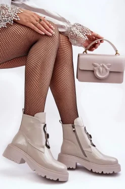 Hot Damskie buty S.Barski Lakierowane Botki Damskie Z Ozdobą Jasnoszare S.Barski MR870-53