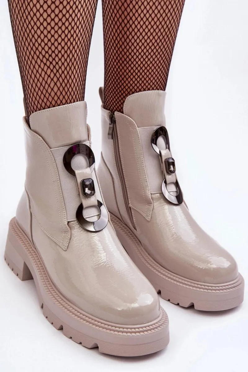 Hot Damskie buty S.Barski Lakierowane Botki Damskie Z Ozdobą Jasnoszare S.Barski MR870-53