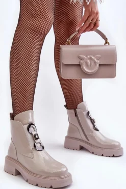 Hot Damskie buty S.Barski Lakierowane Botki Damskie Z Ozdobą Jasnoszare S.Barski MR870-53