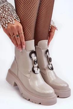 Hot Damskie buty S.Barski Lakierowane Botki Damskie Z Ozdobą Jasnoszare S.Barski MR870-53