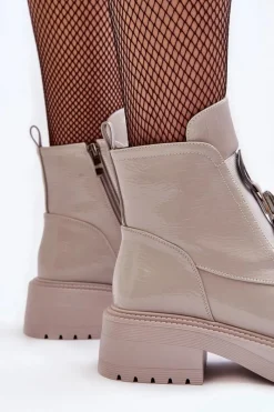 Hot Damskie buty S.Barski Lakierowane Botki Damskie Z Ozdobą Jasnoszare S.Barski MR870-53