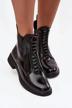 Botki Skórzane|Botki Płaskie>D&A Lakierowane Botki Damskie Z Naturalnej Skóry MR52-108 Czarne Czarny