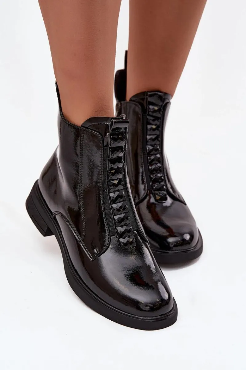 Botki Skórzane|Botki Płaskie>D&A Lakierowane Botki Damskie Z Naturalnej Skóry MR52-108 Czarne Czarny