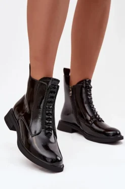 Botki Skórzane|Botki Płaskie>D&A Lakierowane Botki Damskie Z Naturalnej Skóry MR52-108 Czarne Czarny