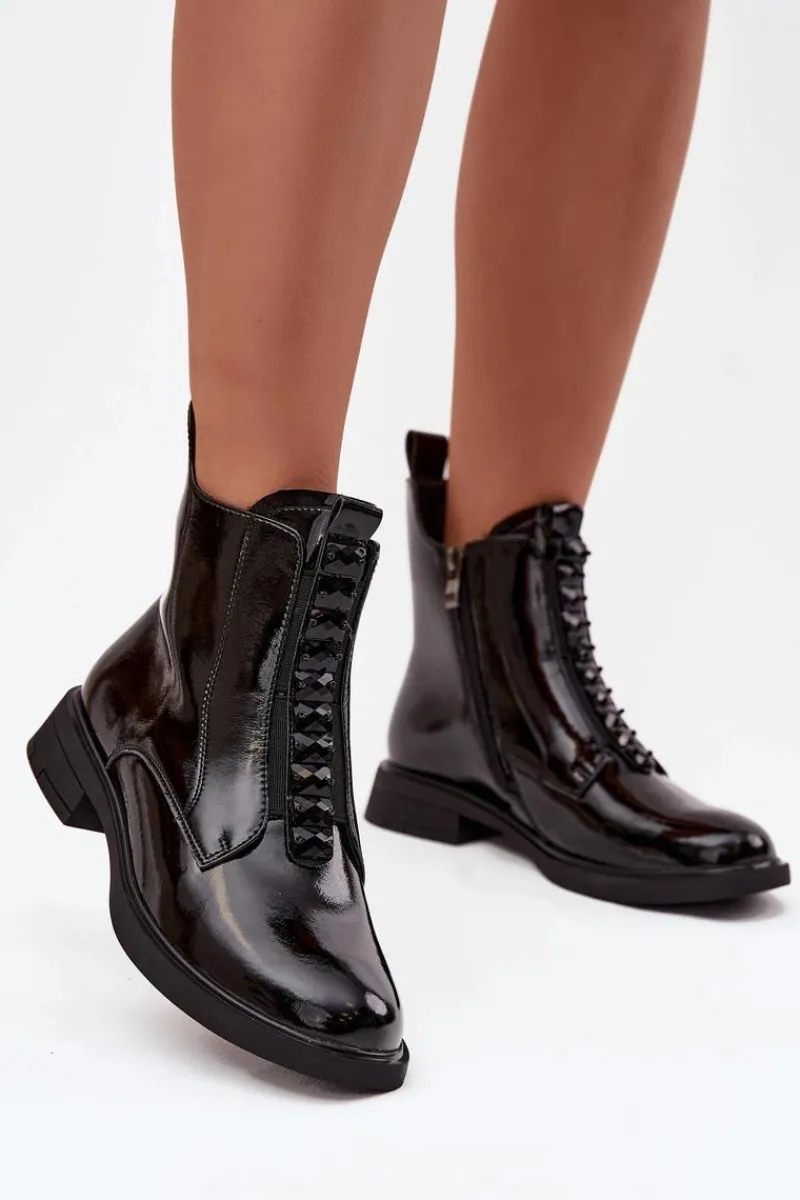 Botki Skórzane|Botki Płaskie>D&A Lakierowane Botki Damskie Z Naturalnej Skóry MR52-108 Czarne Czarny