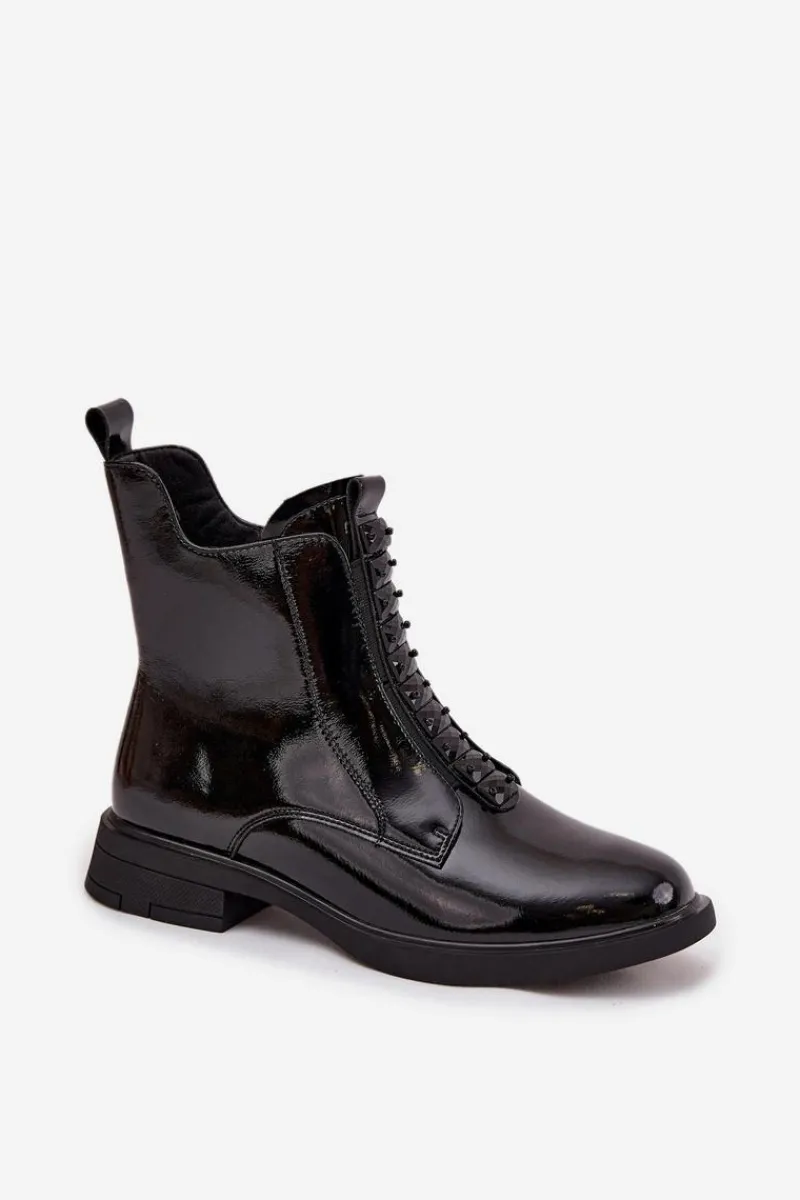 Botki Skórzane|Botki Płaskie>D&A Lakierowane Botki Damskie Z Naturalnej Skóry MR52-108 Czarne Czarny