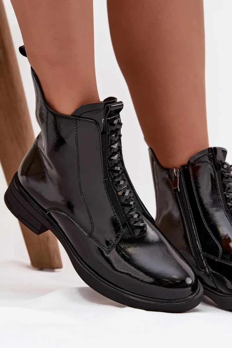 Botki Skórzane|Botki Płaskie>D&A Lakierowane Botki Damskie Z Naturalnej Skóry MR52-108 Czarne Czarny