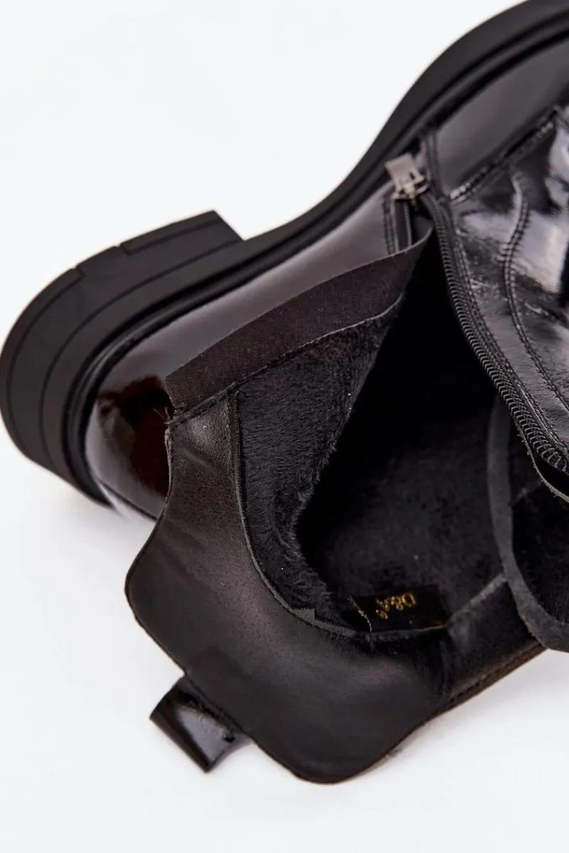 Botki Skórzane|Botki Płaskie>D&A Lakierowane Botki Damskie Z Naturalnej Skóry MR52-108 Czarne Czarny