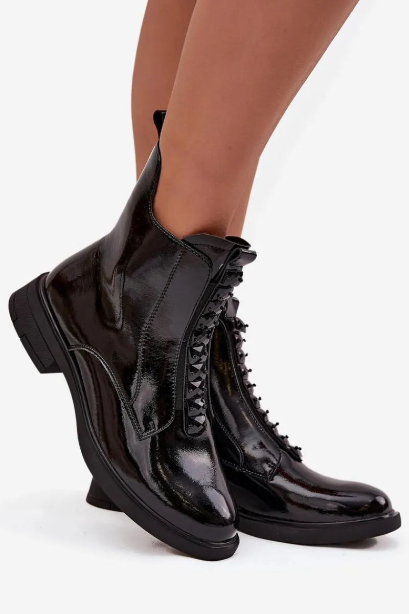 Botki Skórzane|Botki Płaskie>D&A Lakierowane Botki Damskie Z Naturalnej Skóry MR52-108 Czarne Czarny