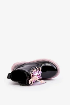 Dziewczęce>Evento Lakierowane Botki Dziecięce Ocieplane Z Ozdobą Czarno-Różowe Bunnyjoy