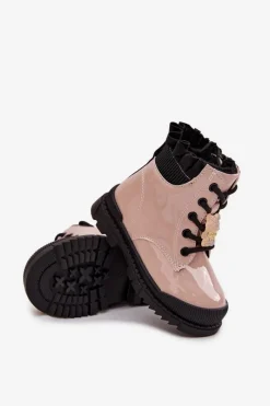 Hot Lakierowane Botki Dziecięce Ocieplane Z Przypinką Miś Beżowe Fionessa Dzieci Dziewczęce