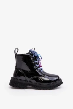 New Evento Lakierowane Botki Dziecięce Ocieplane Z Ozdobą Czarne Bunnyjoy