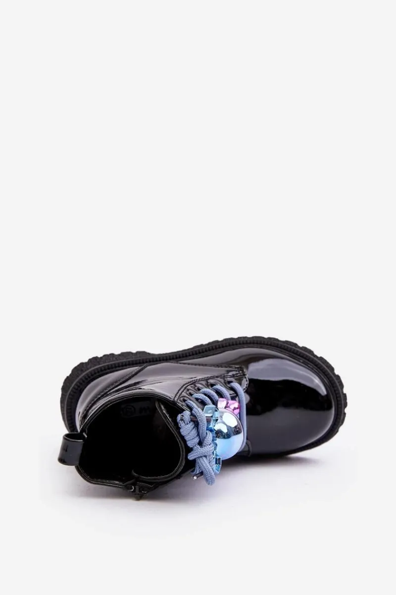 New Evento Lakierowane Botki Dziecięce Ocieplane Z Ozdobą Czarne Bunnyjoy