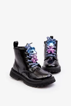 New Evento Lakierowane Botki Dziecięce Ocieplane Z Ozdobą Czarne Bunnyjoy