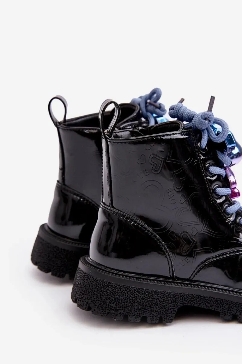 New Evento Lakierowane Botki Dziecięce Ocieplane Z Ozdobą Czarne Bunnyjoy