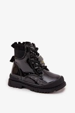 Dziewczęce>Boto Lakierowane Botki Dziecięce Ocieplane Z Przypinką Miś Czarne Fionessa