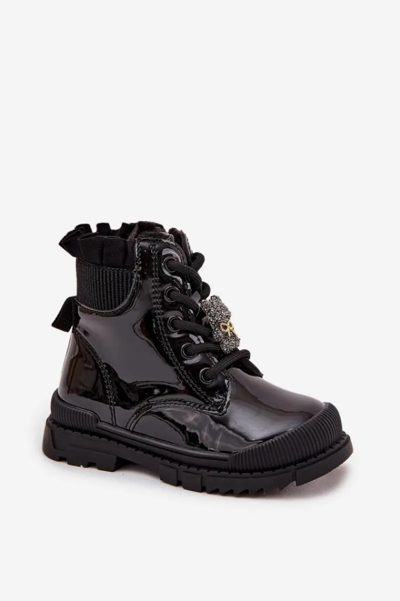 Dziewczęce>Boto Lakierowane Botki Dziecięce Ocieplane Z Przypinką Miś Czarne Fionessa