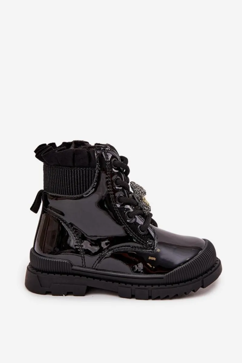 Dziewczęce>Boto Lakierowane Botki Dziecięce Ocieplane Z Przypinką Miś Czarne Fionessa