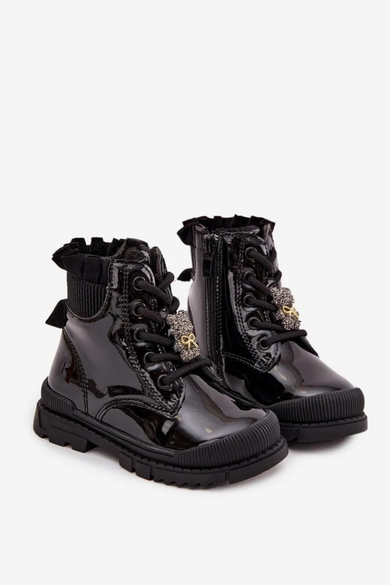 Dziewczęce>Boto Lakierowane Botki Dziecięce Ocieplane Z Przypinką Miś Czarne Fionessa