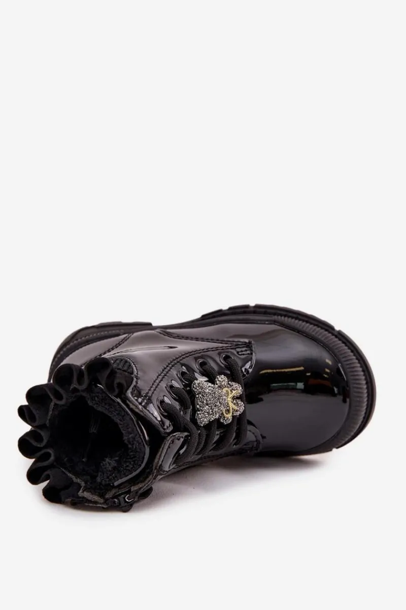 Dziewczęce>Boto Lakierowane Botki Dziecięce Ocieplane Z Przypinką Miś Czarne Fionessa