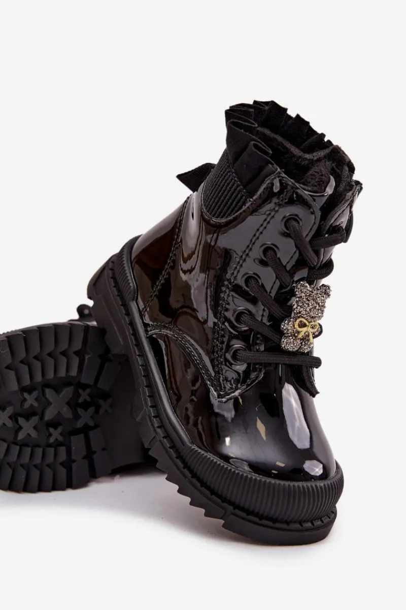 Dziewczęce>Boto Lakierowane Botki Dziecięce Ocieplane Z Przypinką Miś Czarne Fionessa