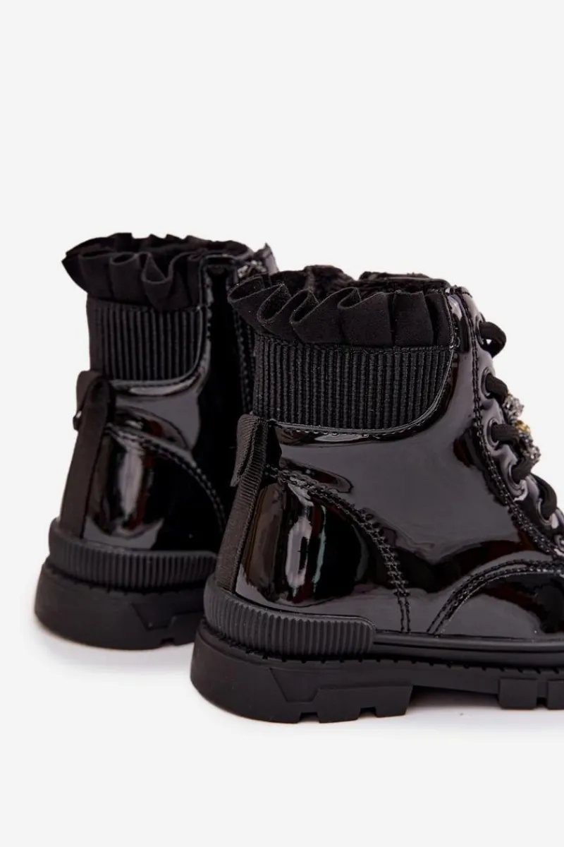 Dziewczęce>Boto Lakierowane Botki Dziecięce Ocieplane Z Przypinką Miś Czarne Fionessa