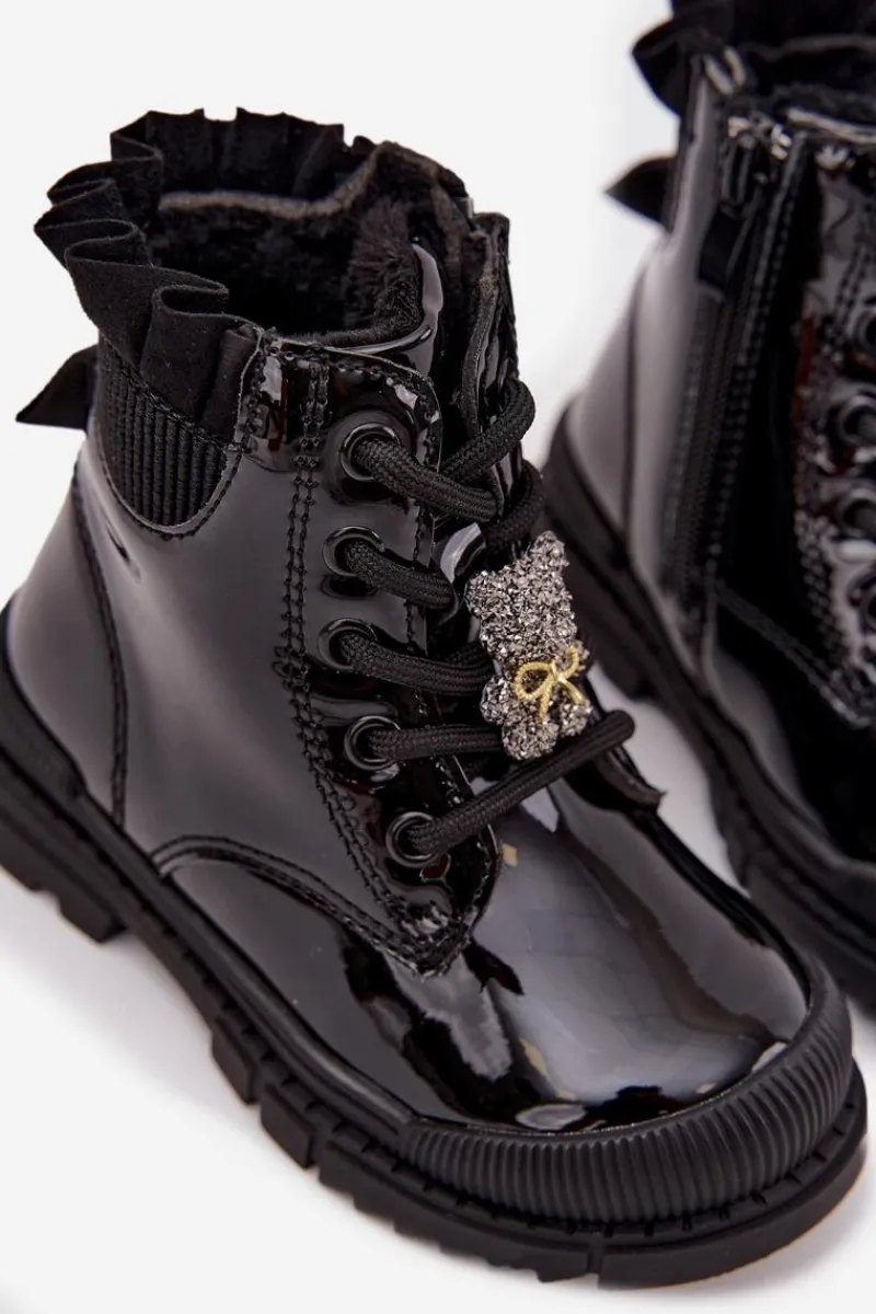 Dziewczęce>Boto Lakierowane Botki Dziecięce Ocieplane Z Przypinką Miś Czarne Fionessa