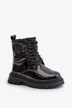 Dziewczęce>Boto Lakierowane Botki Dziewczęce Ocieplane Futerkiem Na Zamek Czarne Evaliraea Czarny