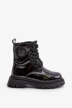 Dziewczęce>Boto Lakierowane Botki Dziewczęce Ocieplane Futerkiem Na Zamek Czarne Evaliraea Czarny