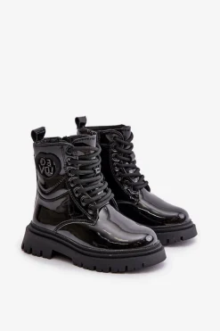 Dziewczęce></noscript>Boto Lakierowane Botki Dziewczęce Ocieplane Futerkiem Na Zamek Czarne Evaliraea Czarny