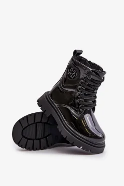 Dziewczęce></noscript>Boto Lakierowane Botki Dziewczęce Ocieplane Futerkiem Na Zamek Czarne Evaliraea Czarny