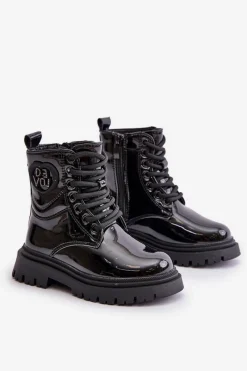 Dziewczęce></noscript>Boto Lakierowane Botki Dziewczęce Ocieplane Futerkiem Na Zamek Czarne Evaliraea Czarny