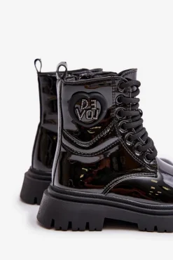 Dziewczęce></noscript>Boto Lakierowane Botki Dziewczęce Ocieplane Futerkiem Na Zamek Czarne Evaliraea Czarny