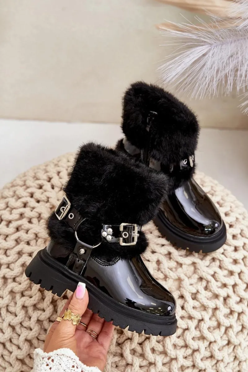 Outlet Lakierowane Botki Dziewczęce Z Futerkiem I Klamrami Czarne Cartemes Dzieci Dziewczęce