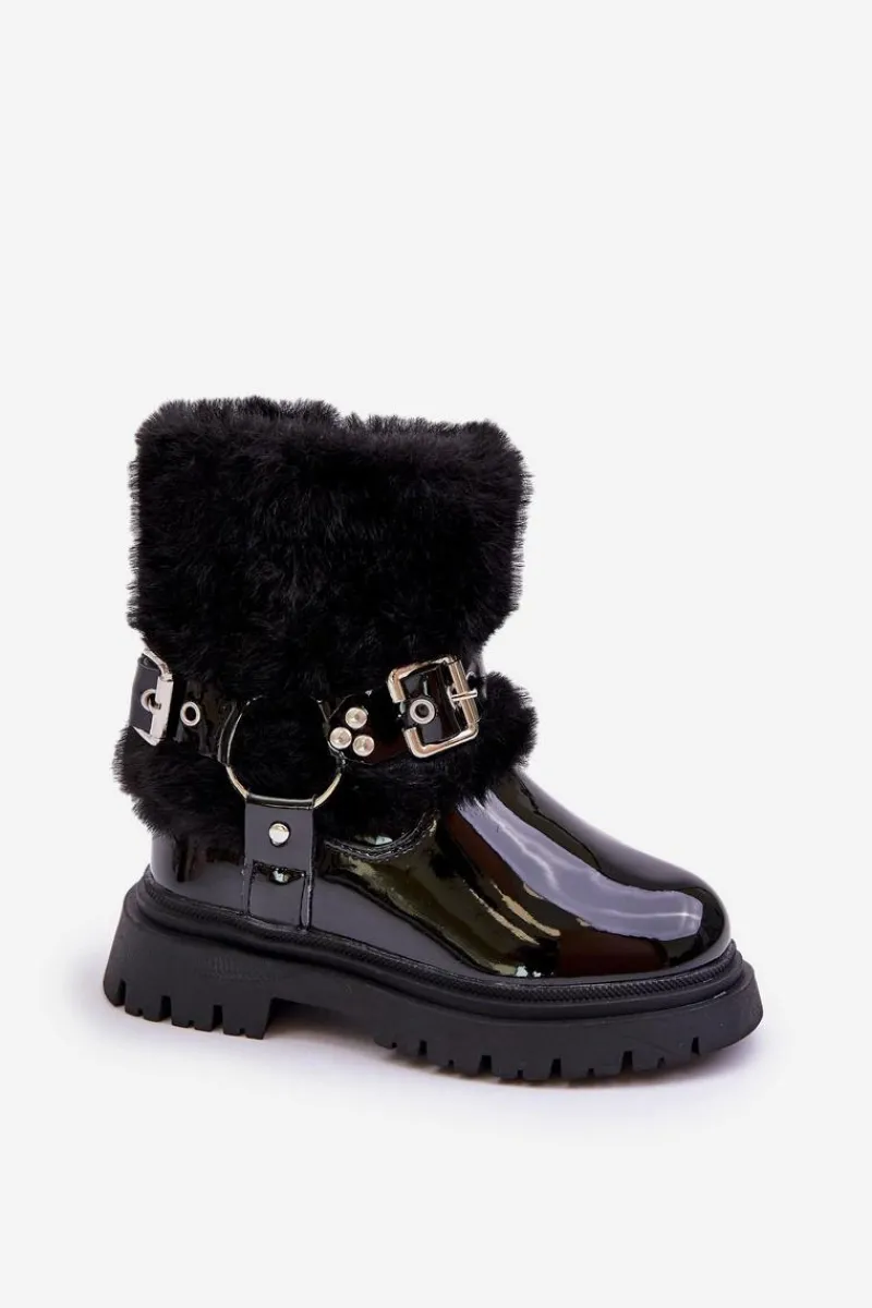 Outlet Lakierowane Botki Dziewczęce Z Futerkiem I Klamrami Czarne Cartemes Dzieci Dziewczęce