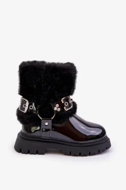 Outlet Lakierowane Botki Dziewczęce Z Futerkiem I Klamrami Czarne Cartemes Dzieci Dziewczęce