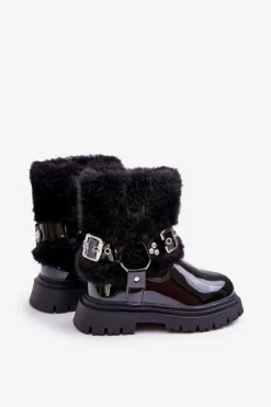 Outlet Lakierowane Botki Dziewczęce Z Futerkiem I Klamrami Czarne Cartemes Dzieci Dziewczęce