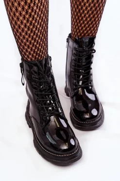 Best Lakierowane Botki Glany Big Star KK274489 Czarne Damskie Botki Sznurowane|Czarne Botki