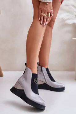 Botki Ocieplane|Botki Na Koturnie>Buty damskie Vinceza Lakierowane Botki Na Koturnie Ocieplane Vinceza 66703 Szare Szary