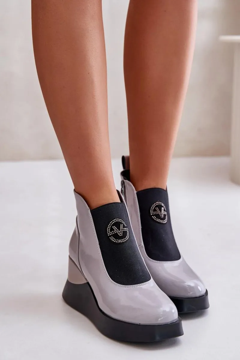 Botki Ocieplane|Botki Na Koturnie>Buty damskie Vinceza Lakierowane Botki Na Koturnie Ocieplane Vinceza 66703 Szare Szary