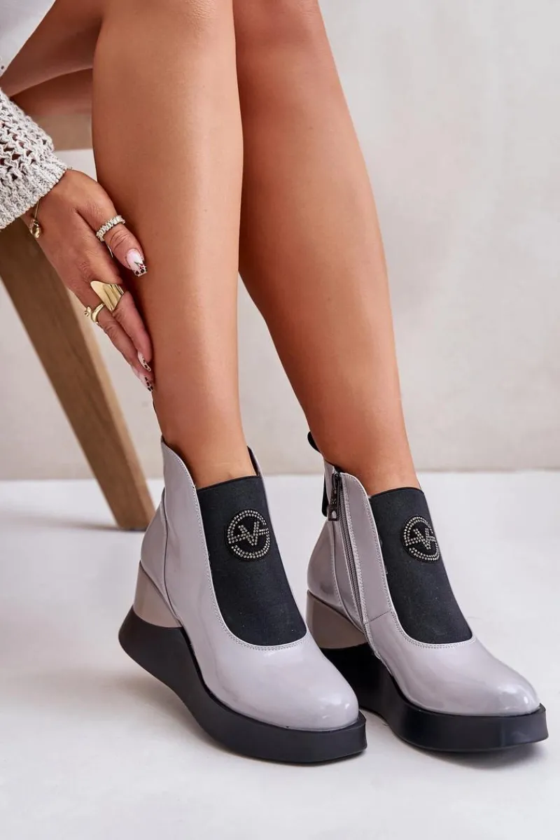 Botki Ocieplane|Botki Na Koturnie>Buty damskie Vinceza Lakierowane Botki Na Koturnie Ocieplane Vinceza 66703 Szare Szary