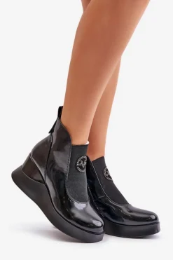 Online Lakierowane Botki Na Koturnie Ocieplane Vinceza 66703 Czarne Damskie Botki Ocieplane|Botki Na Koturnie