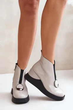 Online Lakierowane Botki Na Koturnie Ocieplane D&A MR880-136 Jasnoszare Damskie Botki Ocieplane|Botki Na Koturnie