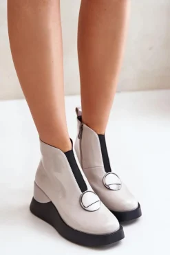 Online Lakierowane Botki Na Koturnie Ocieplane D&A MR880-136 Jasnoszare Damskie Botki Ocieplane|Botki Na Koturnie